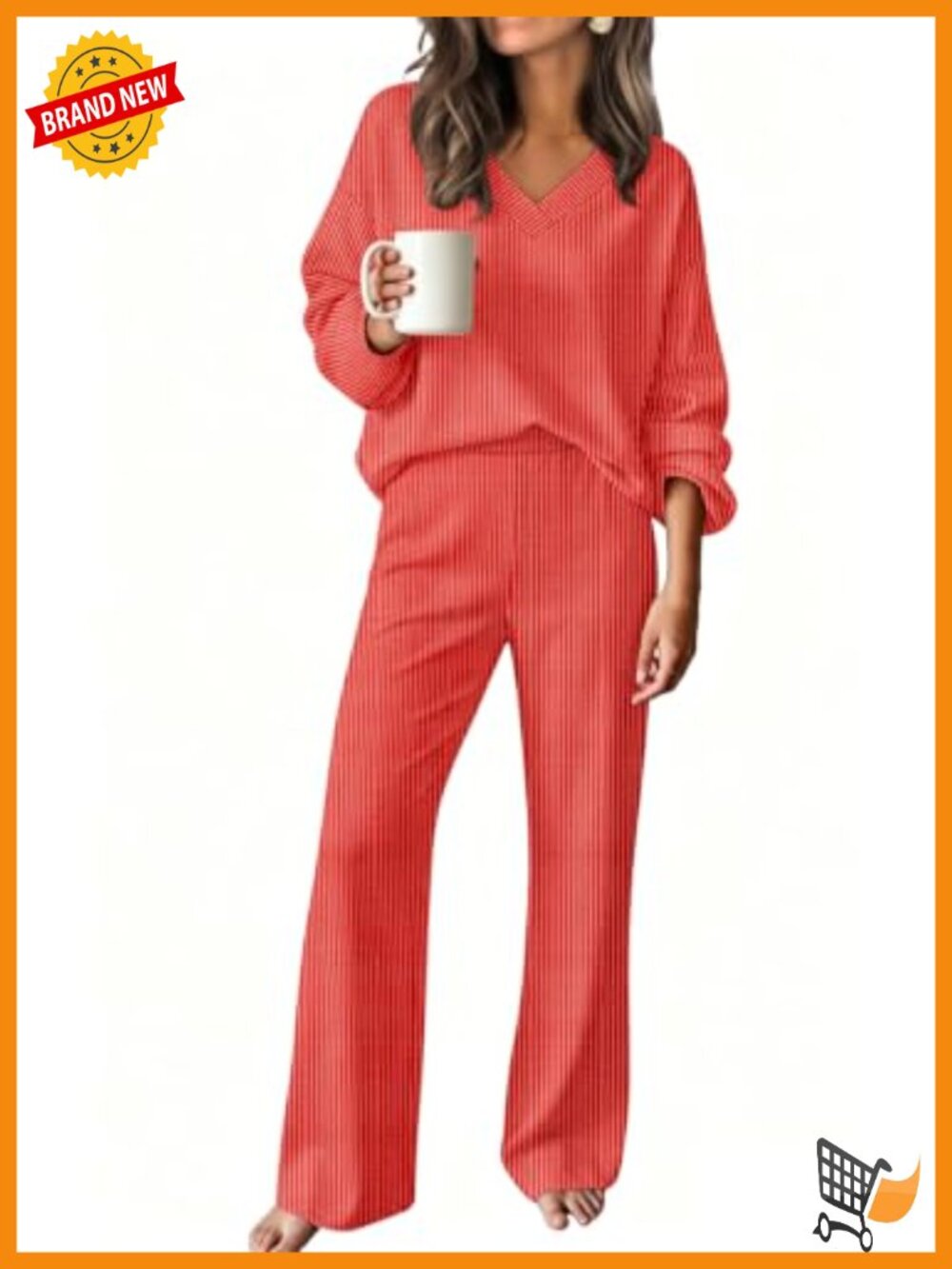 Ribbed Knit Lounge Set V Neck Top & Pants Travel Outfit